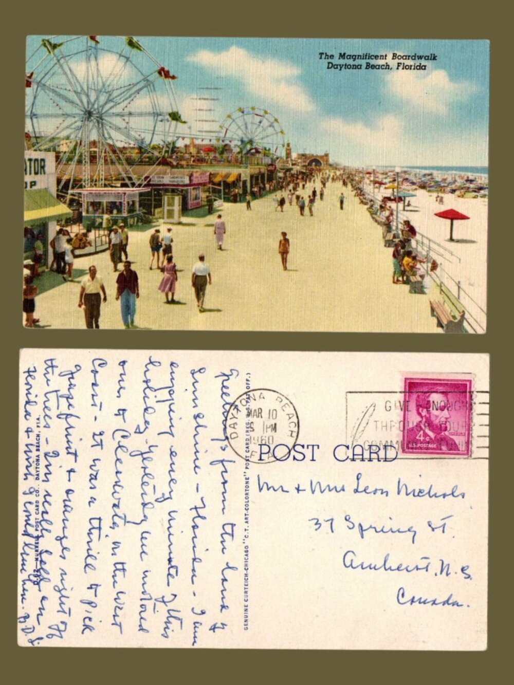 POSTCARD SALE 10/$20 Daytona Beach FL 1941 Linen Postcard Broadwalk Ferris Wheel